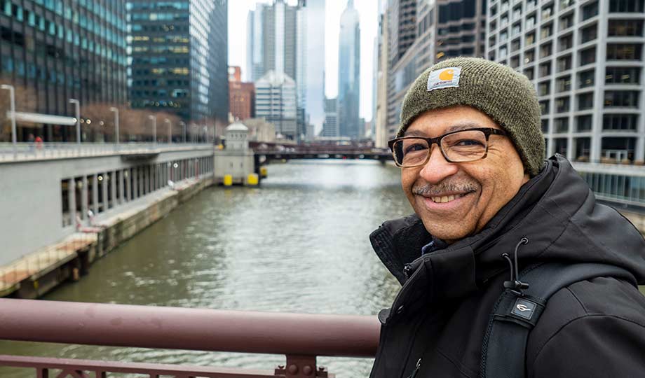 Rodney Fair on bridge in downtown Chicago