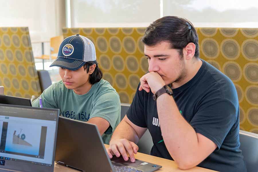 Two students looking at their laptops.