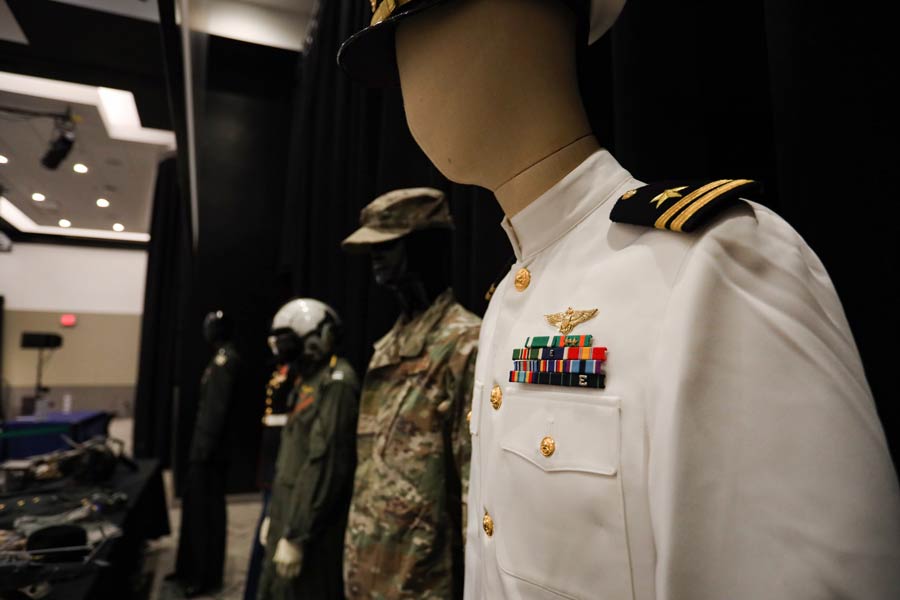 Military uniforms on display.