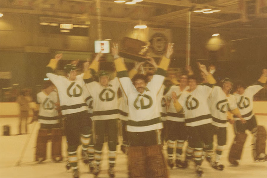 Vintage photo of COD men's hockey team celebrating their first championship