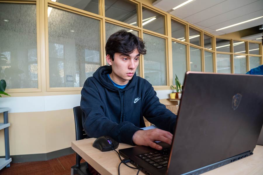 Student sitting at desk with computer.