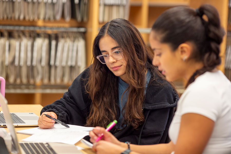Students sitting at table looking at computer.